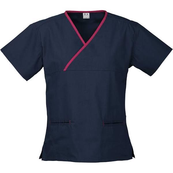 Biz Ladies Contrast Crossover Scrubs Top - H10722 Navy/Fuchsia / 3XL