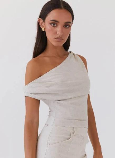 Marissa Linen One Shoulder Top - Oatmeal Oatmeal / AU 12