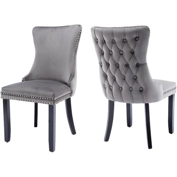 2x Velvet Upholstered Dining Chairs Tufted Wingback Side Chair with Studs Trim Solid Wood Legs for Kitchen