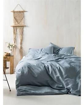 David Jones Washed Linen Quilt Cover Set in Blue, Size Super King