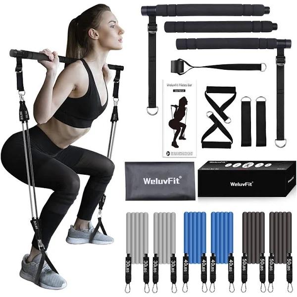 Pilates Bar Kit with Resistance Bands 304050, WeluvFit Exercise Fitness Equipment for Women & Men, Home Gym Workouts Stainless Steel Stick Squat Y