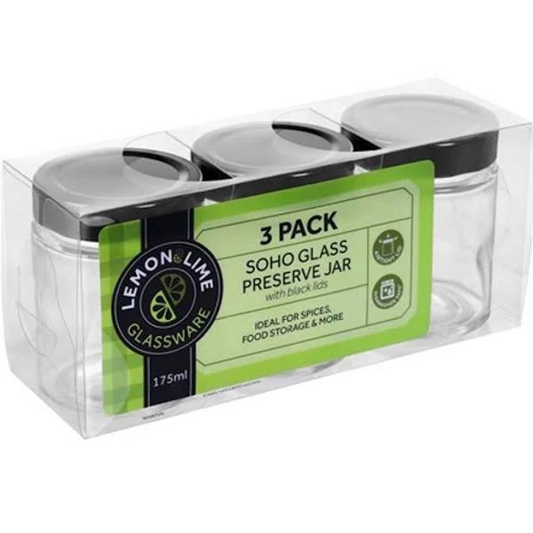 Lemon and Lime Soho Glass Preserve Jar 175ml with Black Lid 3pk