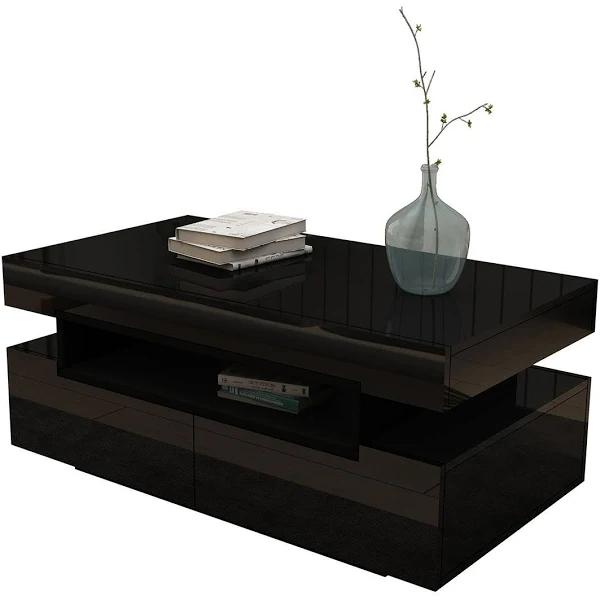 Modern Black Coffee Table 4-Drawer Storage Shelf High Gloss Wood Living Room Furniture