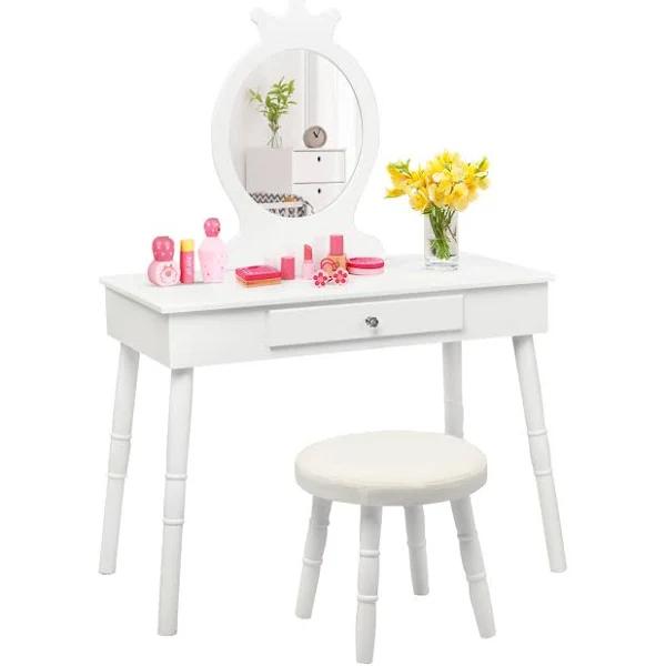 Kids Dressing Table Stool Set Wood Makeup Dresser Vanity Table With Mirror & Drawer Princess Children Gift