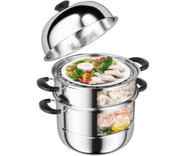 Stainless Steel 3-Tier Steamer Pot With Glass Lid - 10qt Capacity