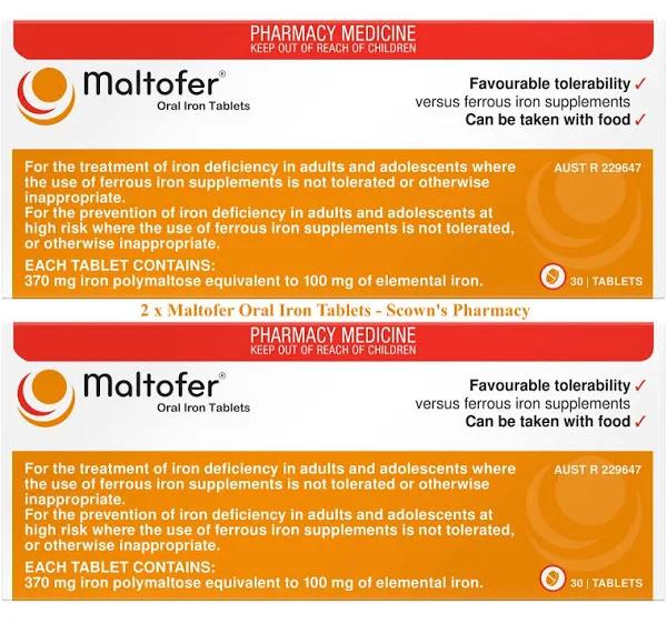 2 X Maltofer Oral Iron 30 Tablets Ferrous Supplement Iron Deficiency