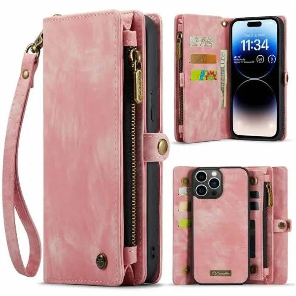 CaseMe iPhone Detachable Case Leather Zip Wallet Cover Apple iPhone 14 Plus / Pink