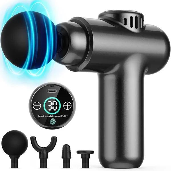 Mini Massage Gun, Pocket-sized Deep Tissue Massager, 30 Speeds Handheld Muscle Massage Gun, Portable Percussion Massager with 4 Heads, Powerful