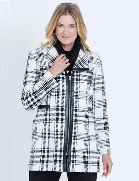 Liz Jordan - Long Sleeve Check PU Trim Zip Coat - 10