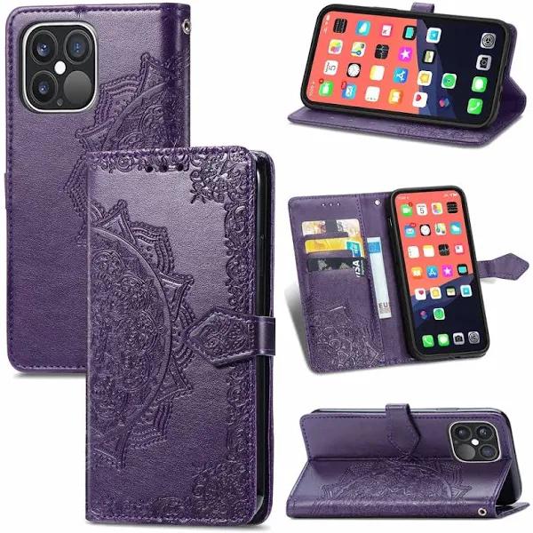 For iPhone 13 Pro Max Case,Mandala Emboss Pu Leather Wallet Cover,Lanyard,Purple