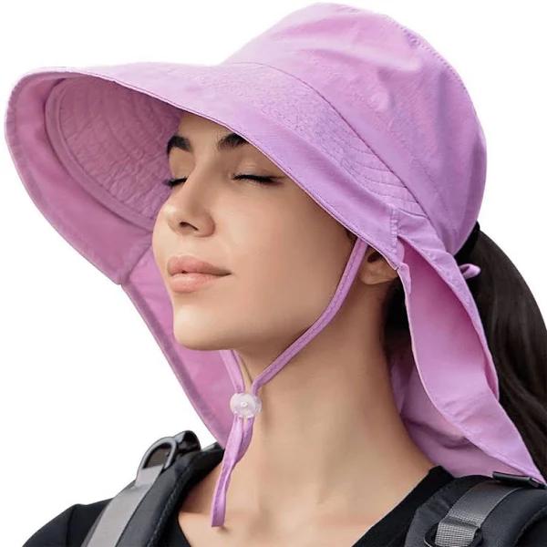 Legionnaires Ponytail Hole Sun Hat for Women - UPF50+ Neck Flap - Adjustable Crown and Chin Strap - oz Smart, Purple