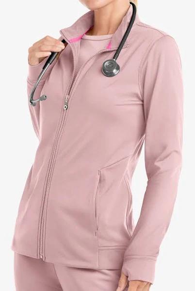 Movement by Butter-Soft Adara Women's 3-Pocket Long Sleeve Zip Front Warm-Up Stretch Scrub Jacket in Mauve Shadow | Size XS Polyester/spandex