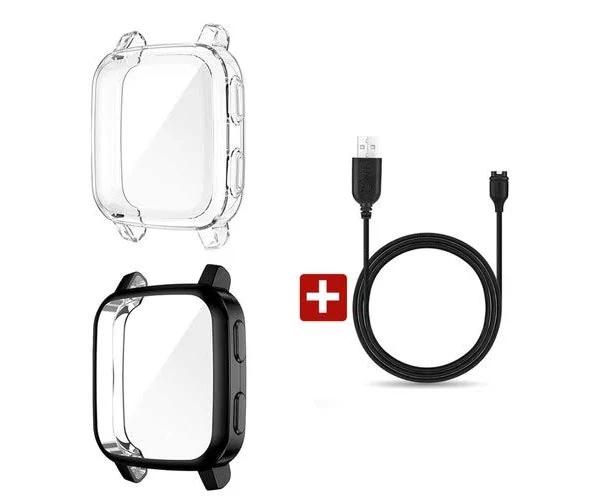 for Garmin Venu Sq Music Shockproof Clear TPU Case Full Cover Screen Protector-For Garmin Venu Sq Music-Case+Charger Cable-Clear