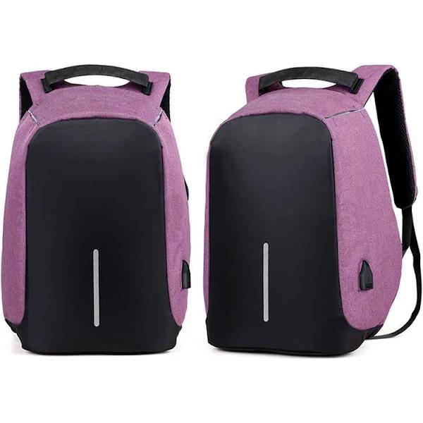 Anti Theft Backpack Waterproof Bag School Travel Laptop Bags USB Charging - Purple