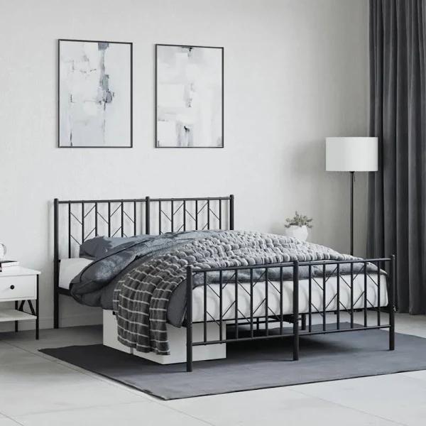 Metal Bed Frame With Headboard and Footboard Black 135x190 cm