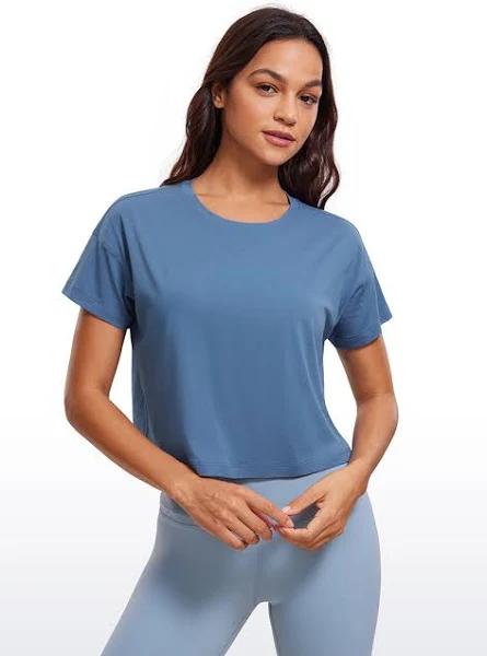 CRZ Yoga Women's Yoga Relaxed Fit Shirt Pima Cotton Crop Short Sleeves Ink Blue / XXS