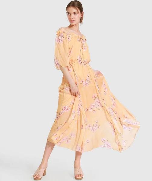 Belle & Bloom Amour Amour Ruffled Midi Dress in Peach Peonies Peach XS