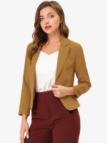 Open Front Office Work Business Crop Suit Blazer Jacket, Dark Khaki / L