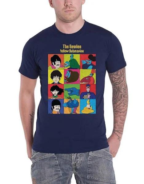 The Beatles T Shirt Yellow Submarine Characters Logo New Official Mens Navy Blue XXL