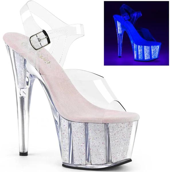 Pleaser ADORE-708UVG Clear/Neon Opal Glitter Platform Sandal Size 7