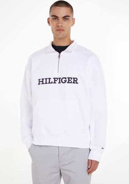 Tommy Hilfiger Mock Neck 1/4 Zip Embroidered Logo Sweatshirt in White