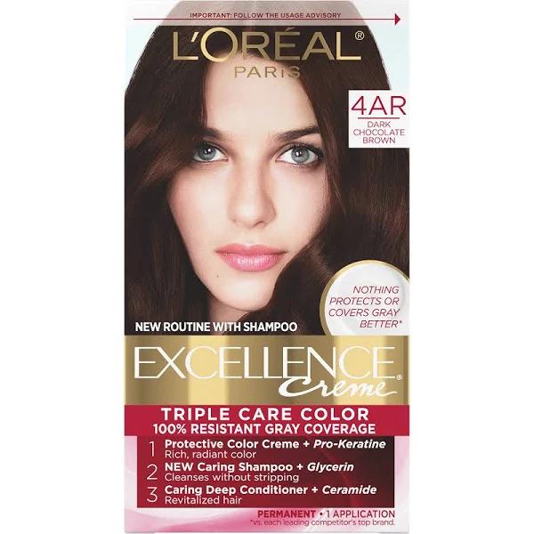 L'Oreal Paris Excellence Creme Permanent Hair Color, 4AR Dark Chocolate Brown, 100% Gray Coverage Hair Dye, Pack of 1