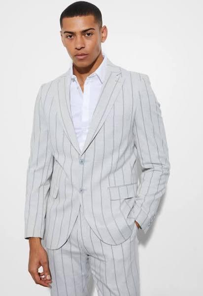 Mens Light Grey Slim Single Breasted Striped Suit Jacket