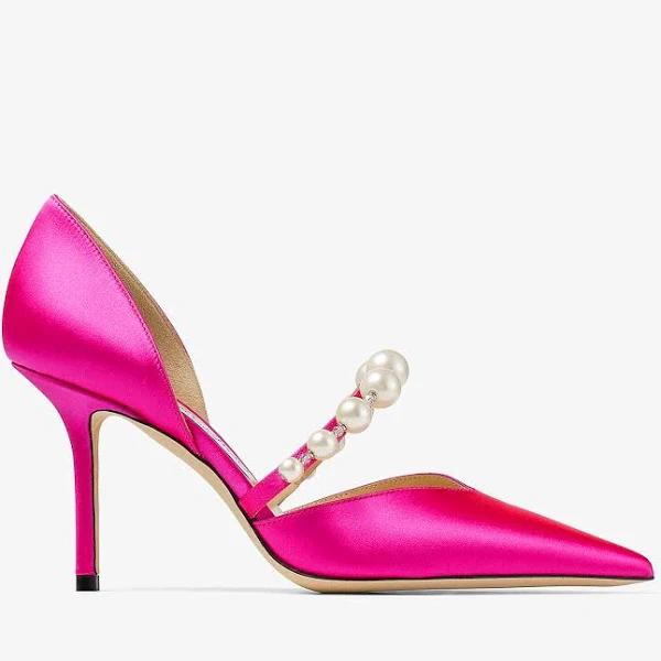 Jimmy Choo Aurelie 85 Fuchsia Satin Pumps with Pearl Embellishment