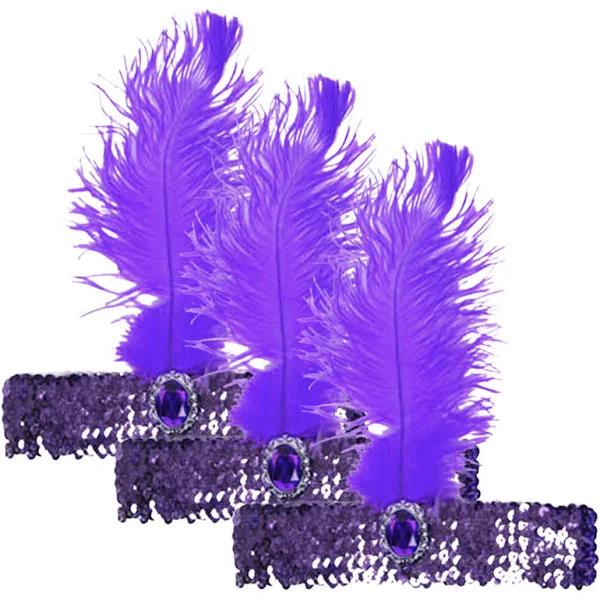 3x 1920s Flapper Headband Headpiece Feather Sequin Charleston Costume Gatsby - Purple