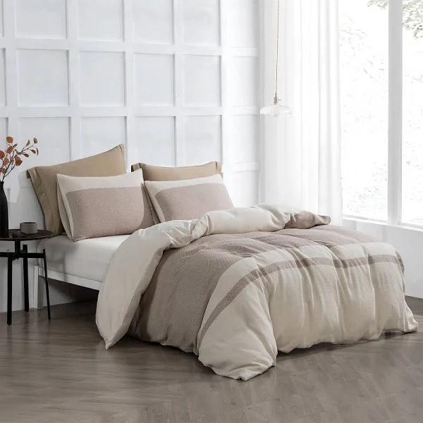 Herringbone 100% Cotton Quilt Cover Set Natural - Cream Double