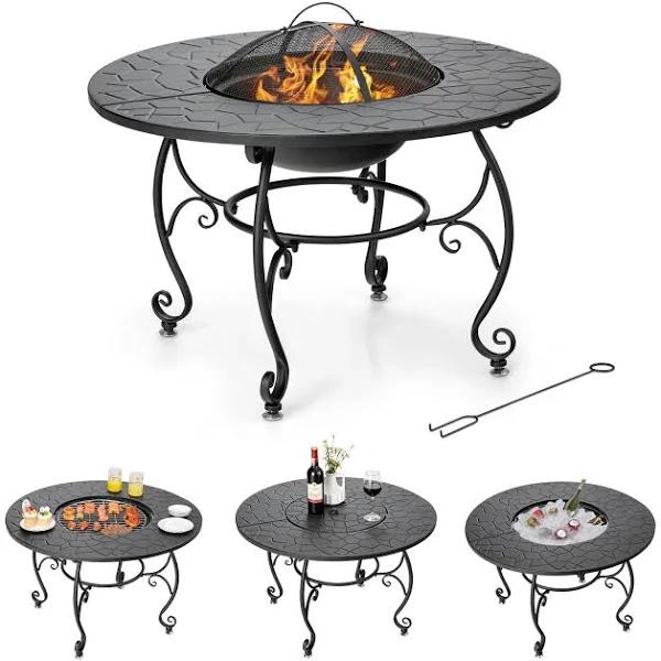 Costway 3-in-1 Fire Pit Outdoor BBQ Table Charcoal Wood Burning Stove Patio Fireplace W/spark Screen Cover & Fire Poker