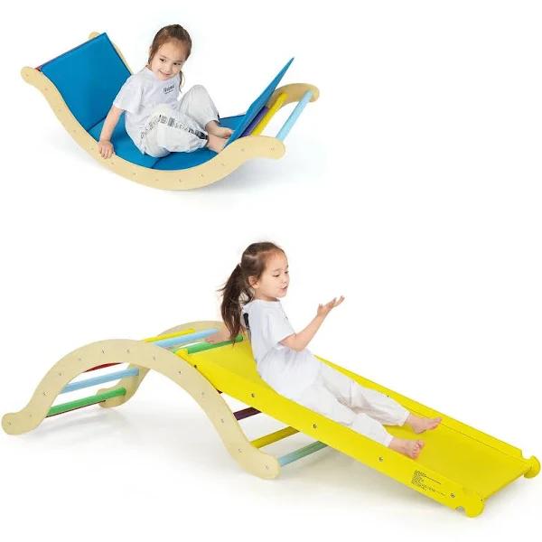 3-in-1 Kids Climber Set Wooden Arch Triangle Rocker with Ramp and Mat | Costway