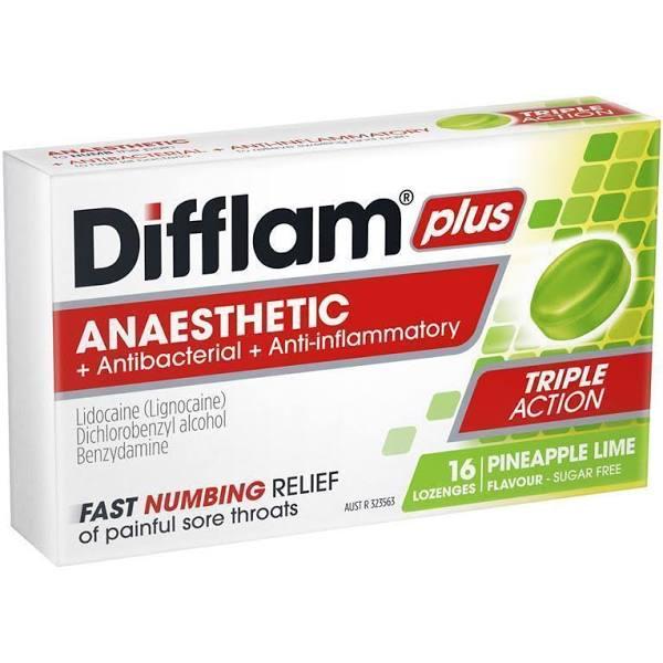 Difflam Plus Anaesthetic Sore Throat 16 Lozenges Pineapple & Lime