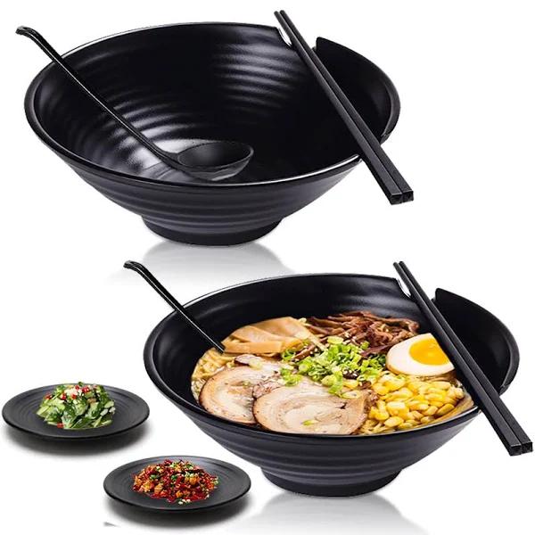 Unbreakable Japanese Style Ramen Bowl Set of 2, Vivimee 37oz Black Large Ramen Bowls and Spoons Set With Chopsticks & Saucers For Pho Thai Miso Udon