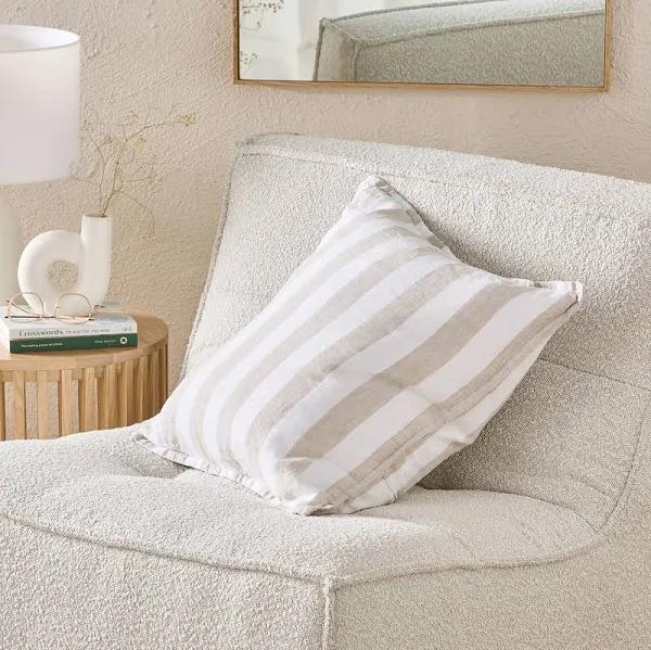 Adairs Belgian White & Linen Stripe Vintage Washed Linen Cushion