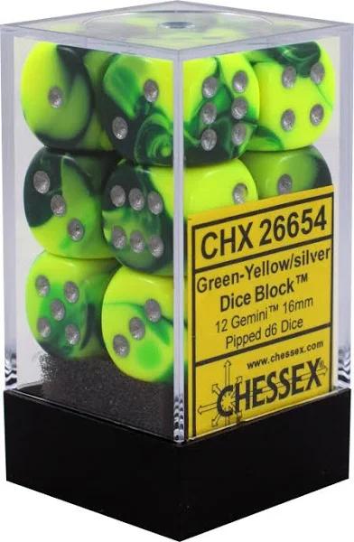 D6 Dice Gemini 16mm Green-Yellow/Silver (12 Dice in Display)