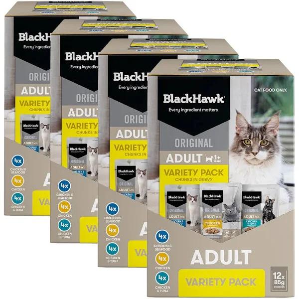 85gmx48 Adult Pouches Chunks in Gravy Black Hawk Original Wet Cat Food Variety Pack (4 x 12 Pack) by Budget Pet Products