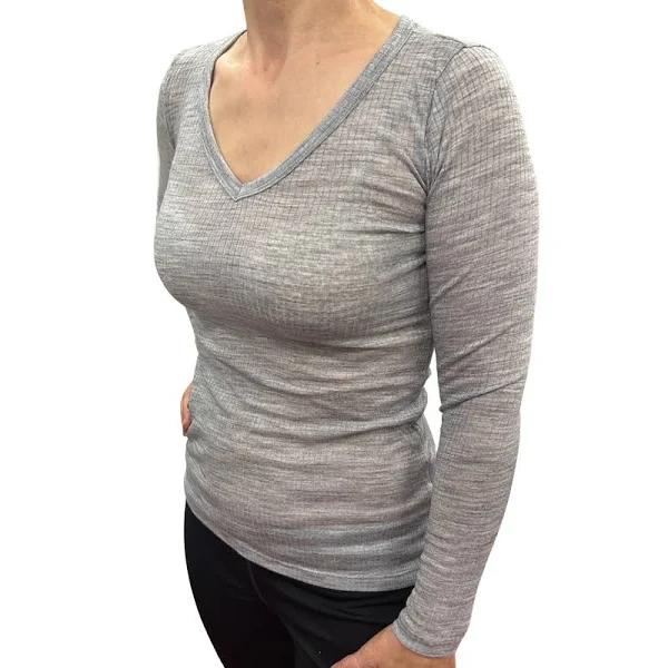 Merino Skins Verona Womens V-Neck Long Sleeve Thermal Underwear Soft Grey Marle - XL