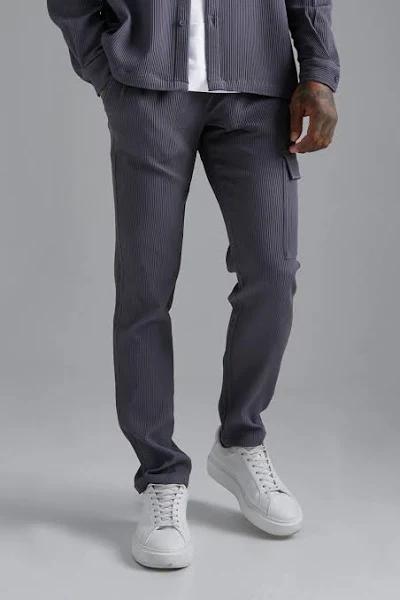 Mens Dark Grey Slim Pleated Cargo Trouser