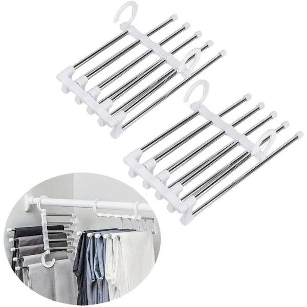 2 Pack Stainless Steel Adjustable 5 in 1 Pants Hangers Non Slip Space Saving For Home Storage