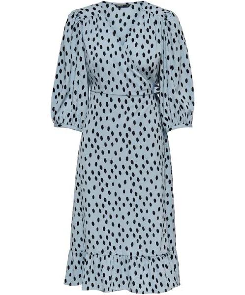 Only Puff Sleeve Wrap Midi Dress in Blue Spot