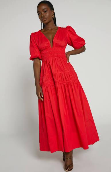 Mellie Midi Dress - Puff Sleeve Plunge Tiered Dress in Cherry Tomato