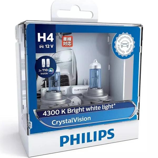 Philips H4 Crystal Vision Car Headlight Bulbs 4300K 2 Pack + T10 Parkers Globes