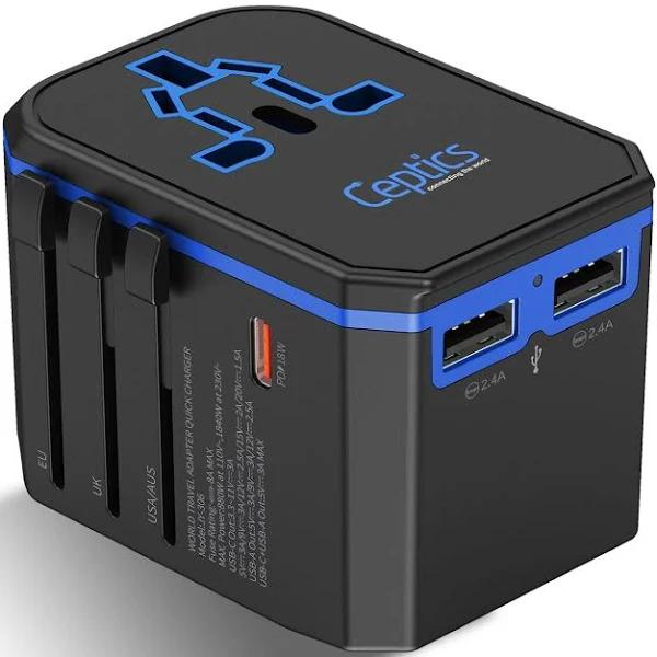 Ceptics Universal Travel Adapter Ceptics World Travel USB Type C Power Plug Adapter 3 USB Ports Wall Charger Type I C G A Outlets - 5V D/C - EU Euro