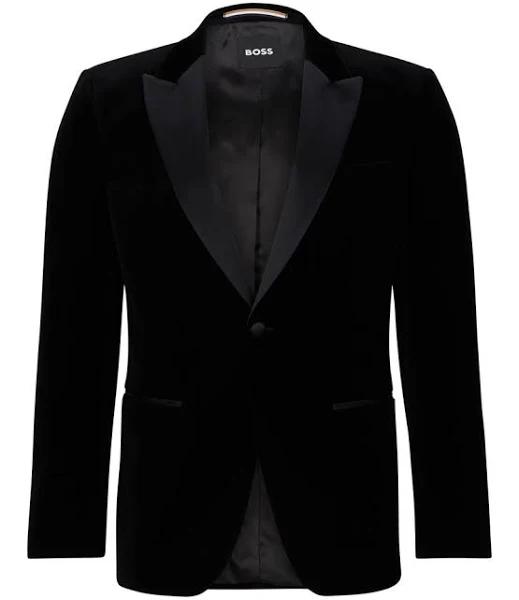 Boss Slim-Fit Tuxedo Jacket in Pure-Cotton Velvet in Black, Size 44 EU