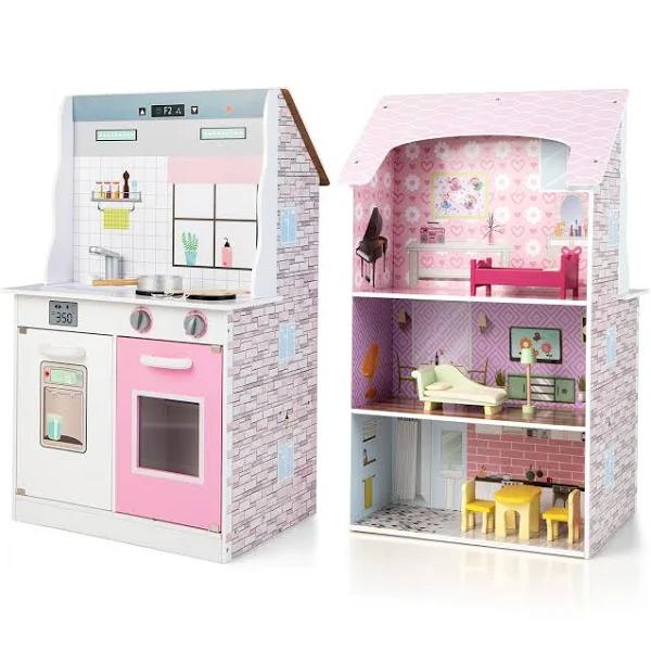 Costway 2-in-1 Kids Kitchen Playset & Dollhouse w/Accessories Children Furniture Xmas Gift