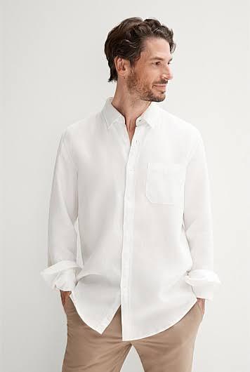 Trenery Regular Fit Piece Dyed Linen Shirt in White Small White AU499797