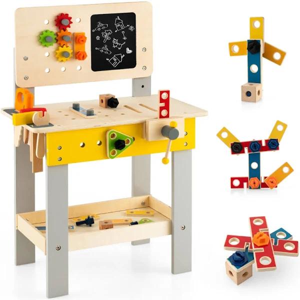 Costway Kids Workbench Tool Stand Set Wooden Pretend Play Toy Role-play Repair Toys Kit w/Writing Board