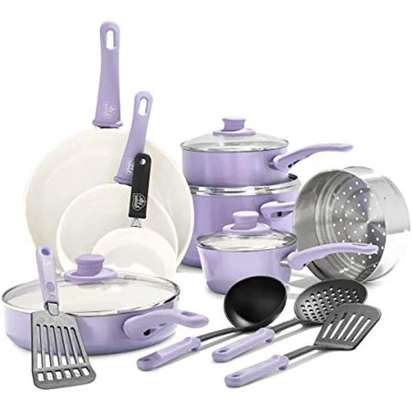 Greenlife 16-Piece Soft Grip Ceramic Non Stick Cookware Set - Lavender - AfterPay & zipPay Available