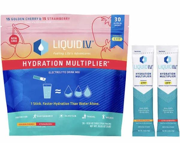 Liquid I.V. Hydration Multiplier, 30 Individual Serving Stick Packs in Resealable Pouch Flavor : Golden Cherry & Strawberry (1)